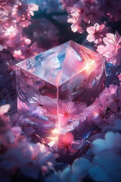 Glass cube reflecting and refracting light amidst beautiful pink cherry blossoms, creating a dreamy, ethereal scene