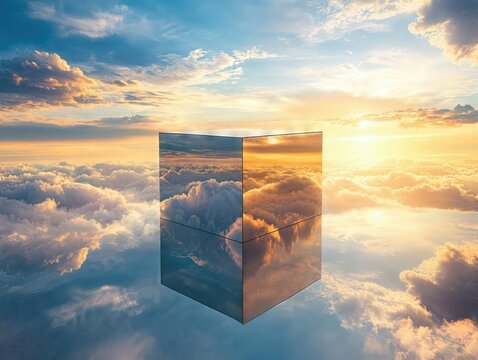Perfect reflective cube floats above a breathtaking sunset cloudscape, creating a surreal and mesmerizing scene
