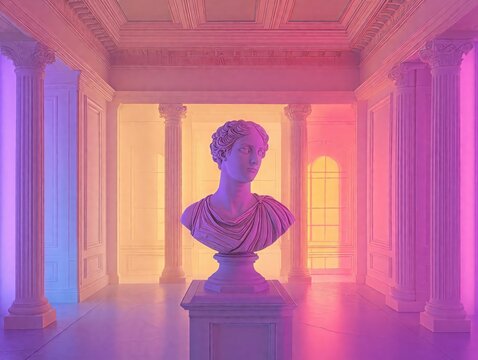 White marble bust illuminated by colorful neon lights in a neoclassical interior