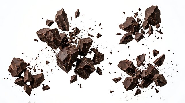 Broken pieces of dark chocolate chunks exploding in the air
