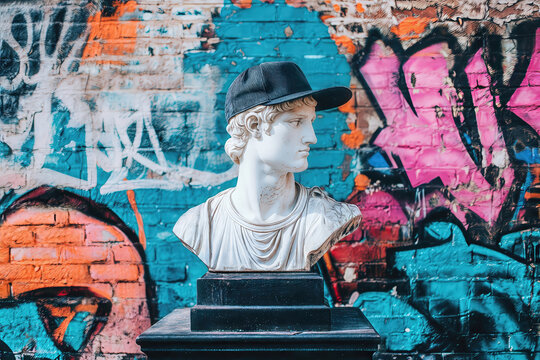 Vintage plaster sculpture sporting contemporary black cap, contrasting against vibrant graffiti backdrop, symbolizing cultural intersection