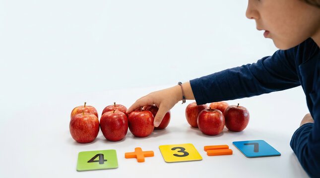 Child demonstrating addition with apples and number tiles at white table, focused on early mathematics learning through colorful hands on activity