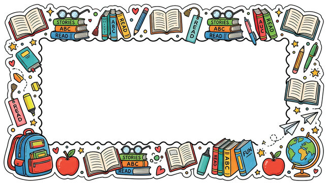 Classroom border frame with book, school supply, backpack, globe, apple, and heart