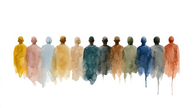 Watercolor figures in diverse muted tones stand together