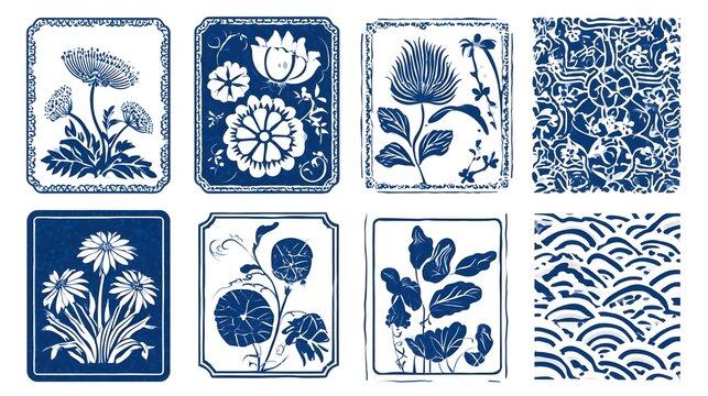 Japanese Summer: Traditional-Style Decorative Elements & Frame Set (Indigo) Stock Vector