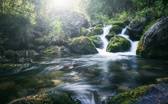 small waterfall of mountain river in the forest. Trout fishing. Ariege Pyrenees France