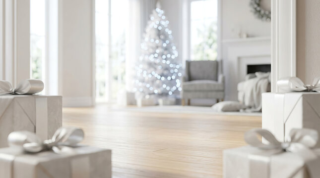 Luxury Christmas gift boxes in bright living room with glowing tree, silver ribbon, and elegant holiday decor creating festive seasonal atmosphere for celebration and giving