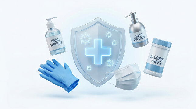 Medical shield virus barrier with hand sanitizer soap dispenser alcohol wipe glove and face mask on white background conveying hygiene protection and infection prevention