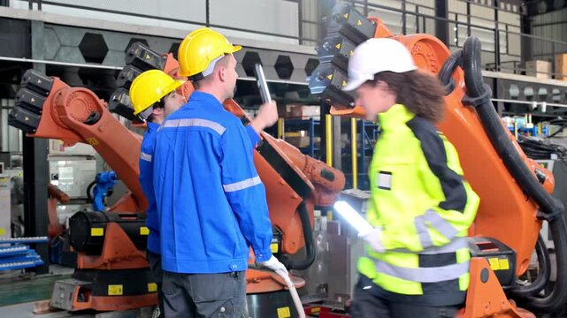 Industrial workers in safety gear observe robotic arm operation in a modern factory setting