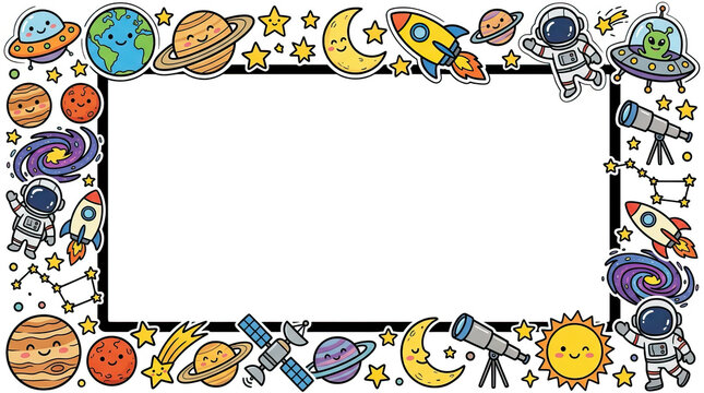 Space classroom border frame with cartoon planet, rocket, astronaut, telescope, star, moon, and sun illustration creating playful educational design for children and learning display