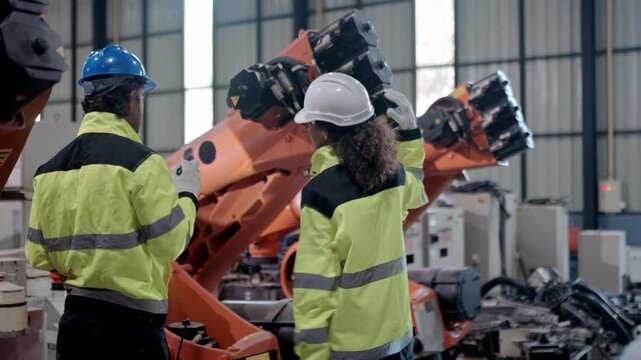 Factory workers in safety gear observe robotic arms in a modern industrial setting