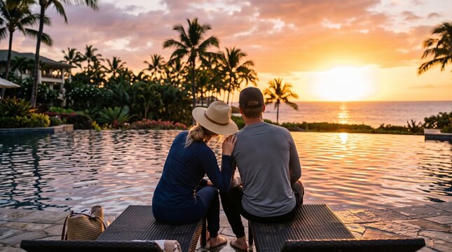 Young couple relaxing beside a luxurious tropical resort pool, enjoying a breathtaking sunset together, peaceful summer vacation, romantic travel atmosphere