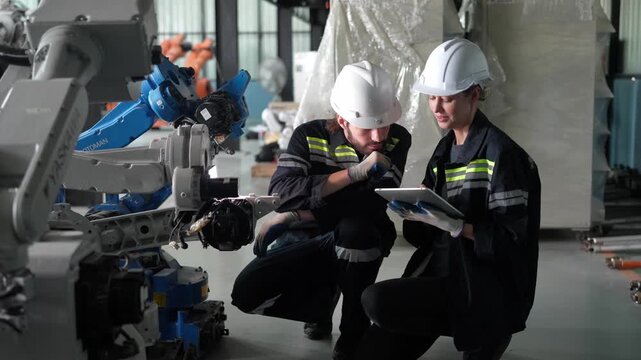 Engineers in hard hats inspect industrial robotic arms with a tablet