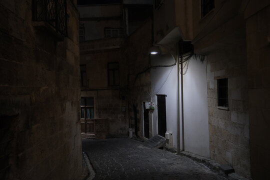 Street lamp, old stone buildings, Gaziantep Bey Neighborhood
