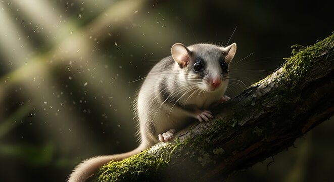 Small dormouse perched on a mossy branch in a sunlit forest