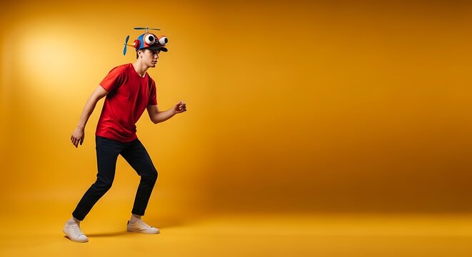 Young man in a propeller hat running against a yellow background
