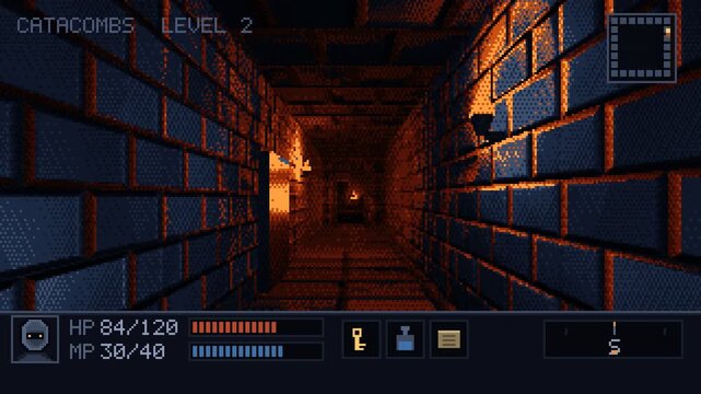 Retro pixel art dungeon crawler gameplay, first person walk through a torchlit stone corridor, seamless loop