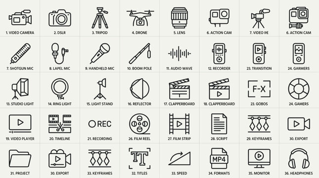 Video Production Equipment and Icons Set