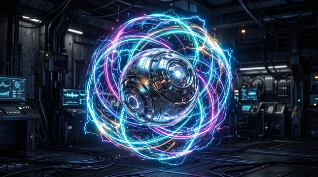 futuristic energy core with glowing plasma rings in laboratory