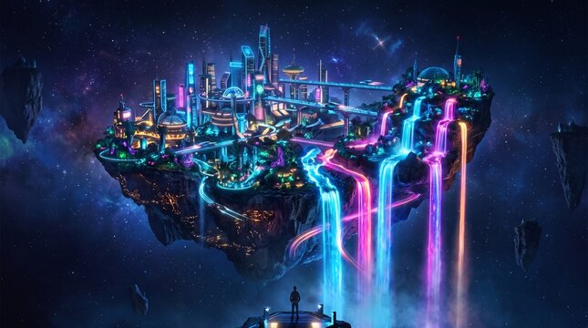 Futuristic floating neon city in deep space