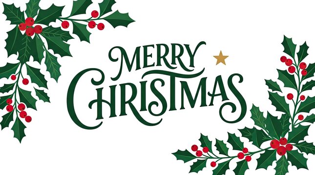 Merry christmas elegant dark green calligraphy lettering surrounded by lush holly branches