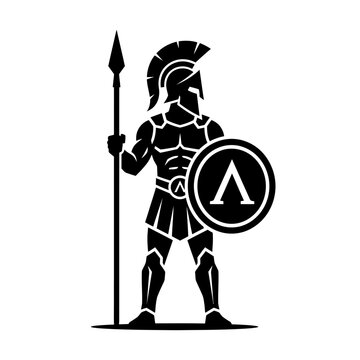 Spartan soldier standing with spear and shield.