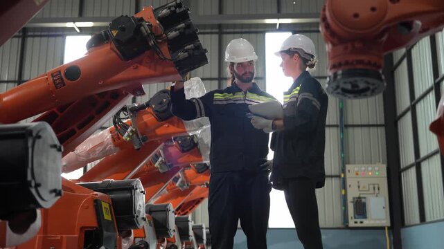 Engineers inspect robotic arms in a modern factory setting