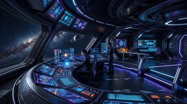 futuristic spaceship bridge with crew members and galaxy view