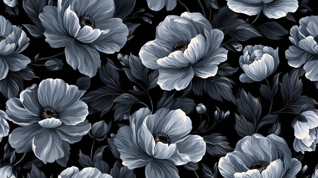 Minimalist dark floral pattern background, elegant grey flower texture wallpaper, seamless monochrome botanical design for luxury packaging and textile prints Stock Illustration