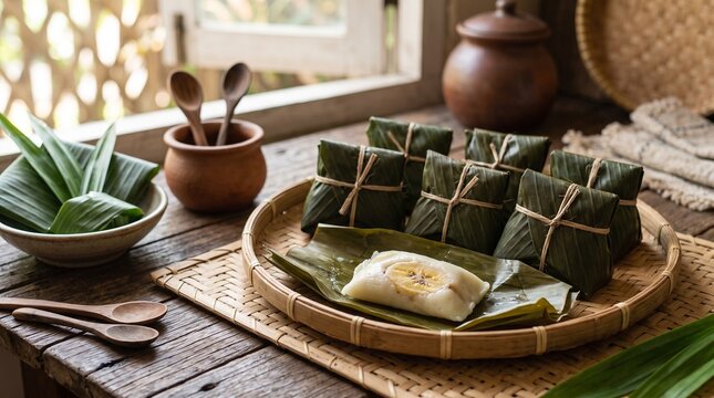 Traditional steamed banana rice cake wrapped in banana leaf