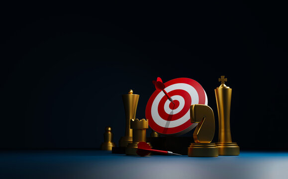 Business goals and strategic achievement concept with chess pieces, dartboard, and bullseye on a dark background