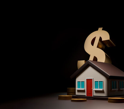 Home loan concept with 3D house, dollar sign and coins on dark background with copy space