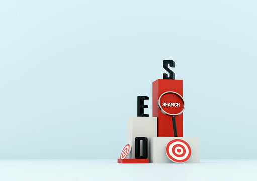 Search engine optimization concept with magnifying glass, target symbols, and SEO letters representing digital marketing and online visibility