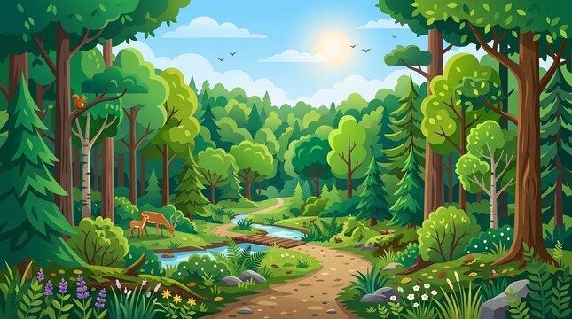 Serene forest landscape with winding path and wildlife