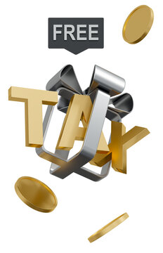 Tax free 3D cutout with gold coins, ribbon and free label on transparent PNG background