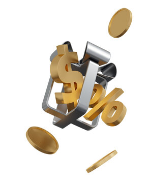 3D finance cutout with dollar sign, percent symbol and gold coins on transparent PNG background