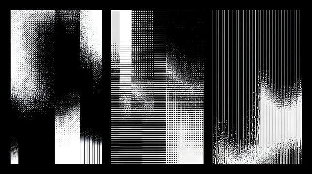 Monochrome technical line grid poster set with kinetic halftone distortion patterns, Minimalist geometric visual transformation and abstract structural evolution artwork with transition effect 