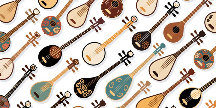 A pattern of varied stringed instruments, including tanpuras and lutes, depicted in cartoon style with ornate details, on a white background.