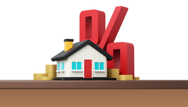 Zero percent home loan concept with 3D house, coins and interest rate symbol on transparent PNG background