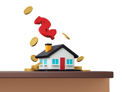 Zero percent home loan concept with 3D house, coins and interest rate symbol on transparent PNG background