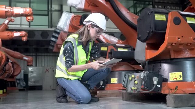 Engineer inspects robotic arms in a modern factory setting using a tablet