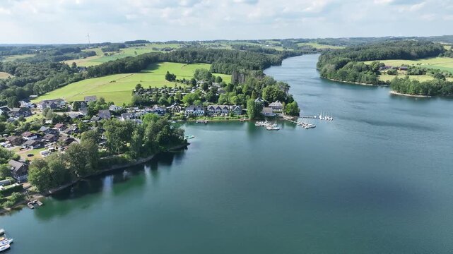 Aerial view of the Bever Reservoir in the Oberbergischer Kreis district of North Rhine-Westphalia. H&uuml;ckeswagen, Germany.