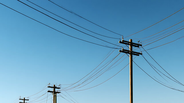 Power lines stretch across a clear blue sky during the daytime in an open area. The power lines are installed on transmission towers in the open area. The sky is bright and clear, without clouds. The 