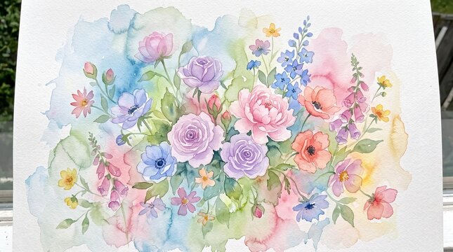 Watercolor floral bouquet with pastel flowers