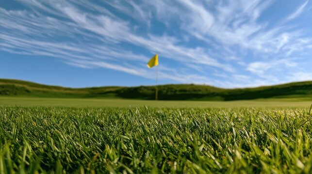 Close-up of lush green grass on a golf course with a yellow flag in the distance