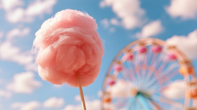 A fluffy pink confection on a stick against a blue sky with a Ferris wheel