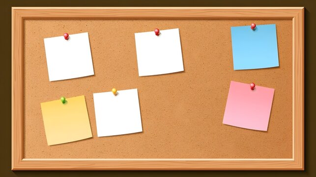 Notice board. Corkboard with notes. Office wood bulletin pinboard with paper stickers, frame, pinned memo sheets, message, post. Vector template background Stock Vector