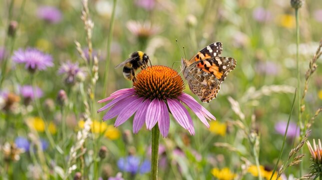 Bumblebee and painted lady butterfly on purple coneflower