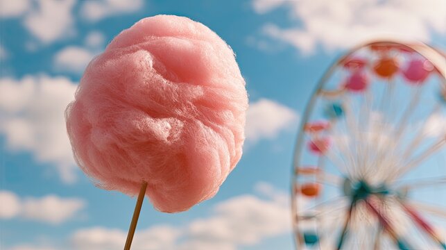 A fluffy pink confection on a stick, against a bright sky with a Ferris wheel