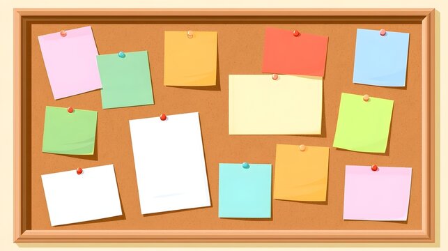 Notice board. Corkboard with notes. Office wood bulletin pinboard with paper stickers, frame, pinned memo sheets, message, post. Vector template background Stock Vector